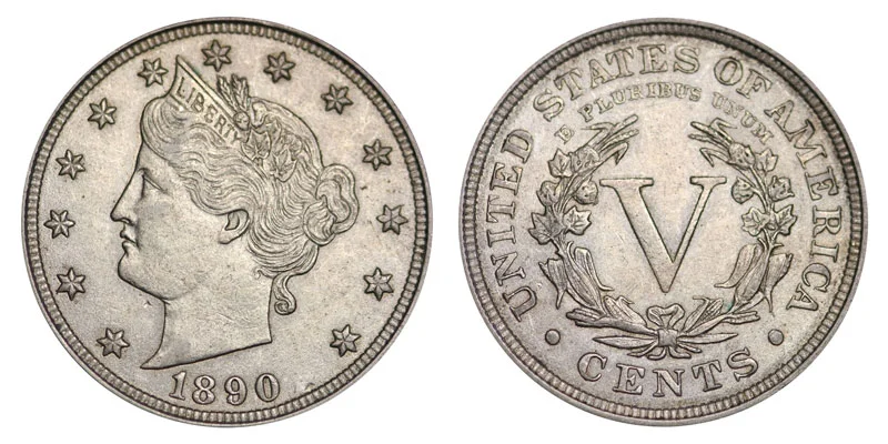 1890 Liberty Nickel obverse and reverse showing Liberty portrait and V reverse design