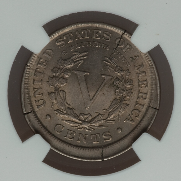 1890 Liberty Nickel broadstrike error coin showing expanded diameter beyond normal collar