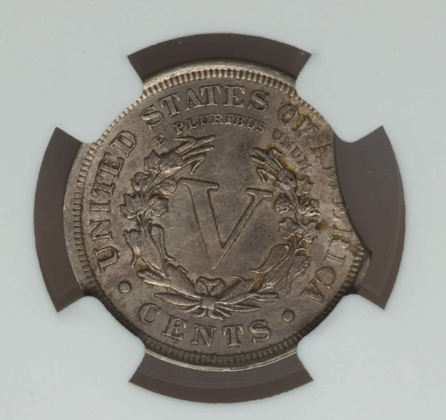 1890 Liberty Nickel clipped planchet error showing curved missing section from coin blank