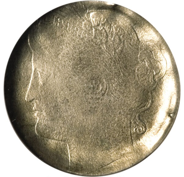 1890 Liberty Nickel brockage error showing mirror-image incuse impression of the Liberty portrait