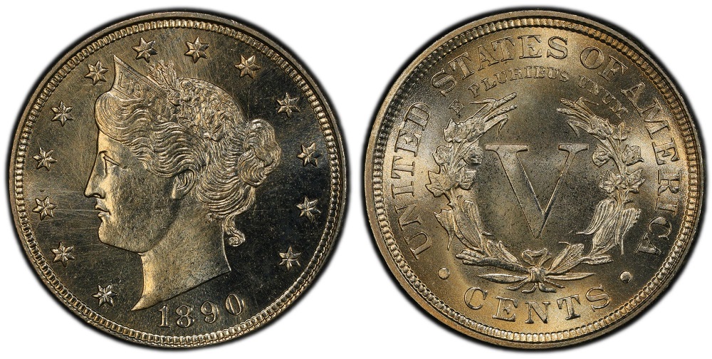 Historical Philadelphia Mint building circa 1890 or group of 1890 Liberty Nickels showing different grades