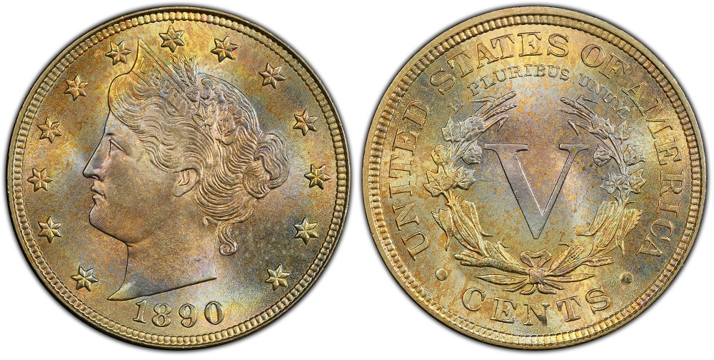 1890 Liberty Nickel grading strip showing four coins from heavily worn Good grade to gem uncirculated